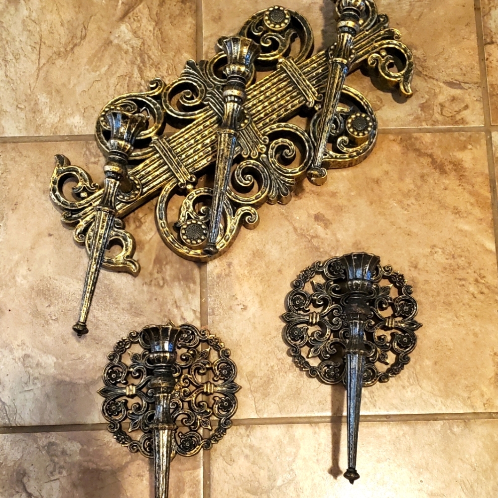 Elegant Gold and Black Wall Sconce Set Vintage Homco By Home Interiord